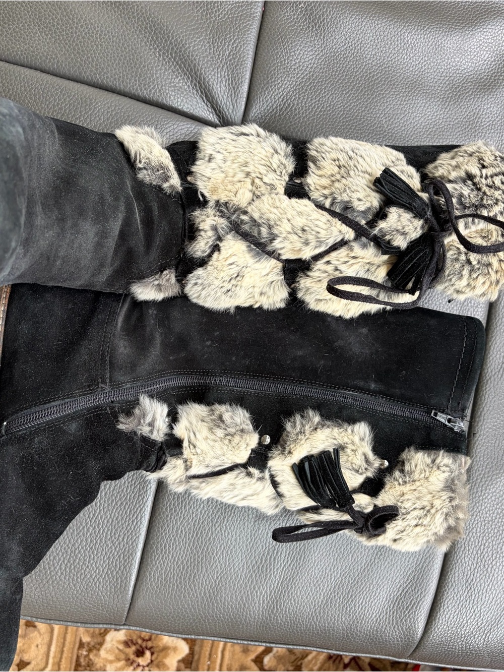 Black Suede Wedge Boots with Natural Fur Trim